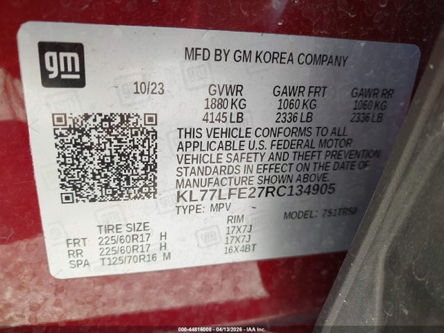 Aukcja sprzedaży 2024 Chevrolet Trax Fwd Sp, vin: KL77LFE27RC134905, numer aukcji: 44816008