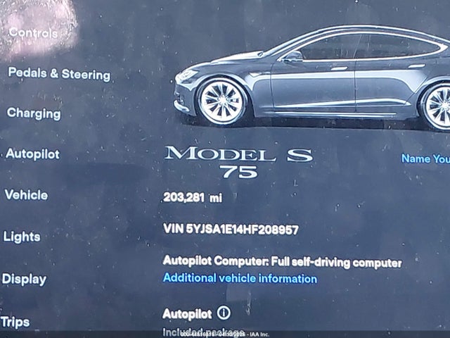 2017 Tesla Model S 60/75 მანქანა იყიდება აუქციონზე, vin: 5YJSA1E14HF208957, აუქციონის ნომერი: 44816015