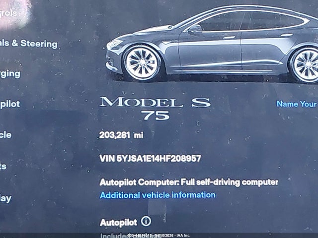 2017 Tesla Model S 60/75 მანქანა იყიდება აუქციონზე, vin: 5YJSA1E14HF208957, აუქციონის ნომერი: 44816015