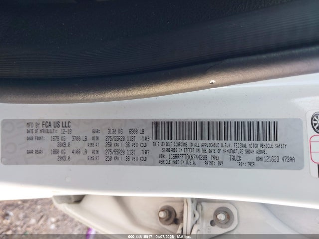 44816017 :رقم المزاد ، 1C6RREFT8KN744289 vin ، 2019 Ram 1500 Big Horn/lone Star  4x2 5'7 Box مزاد بيع