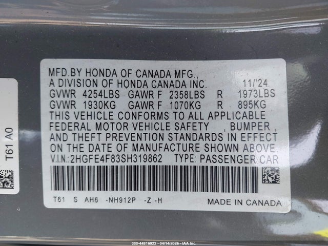 2025 Honda Civic Hybrid Sport/sport Touring მანქანა იყიდება აუქციონზე, vin: 2HGFE4F83SH319862, აუქციონის ნომერი: 44816022