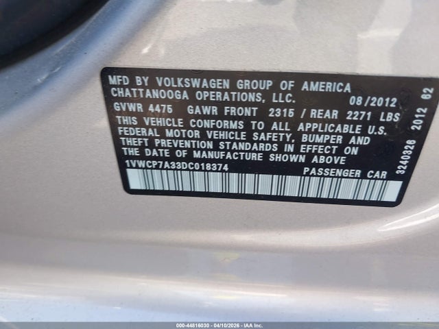 Aukcja sprzedaży 2013 Volkswagen Passat 2.5l Sel, vin: 1VWCP7A33DC018374, numer aukcji: 44816030