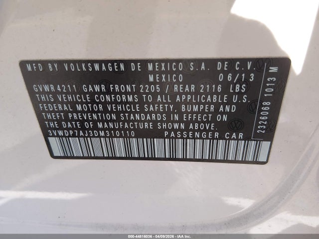 2013 Volkswagen Jetta 2.5l Se მანქანა იყიდება აუქციონზე, vin: 3VWDP7AJ3DM310110, აუქციონის ნომერი: 44816036