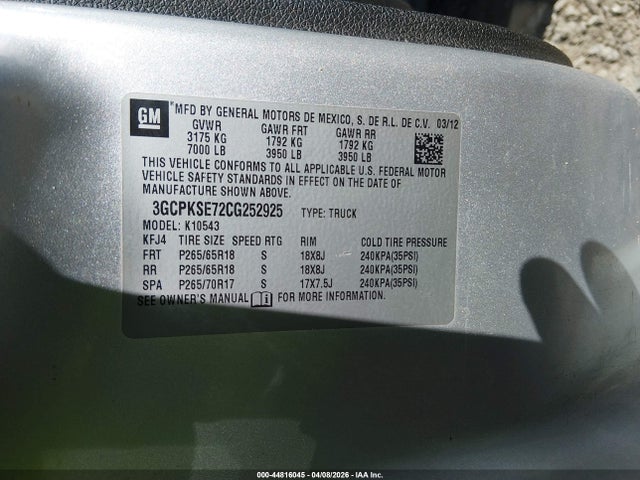 Продаж на аукціоні авто 2012 Chevrolet Silverado 1500 Lt, vin: 3GCPKSE72CG252925, номер лоту: 44816045