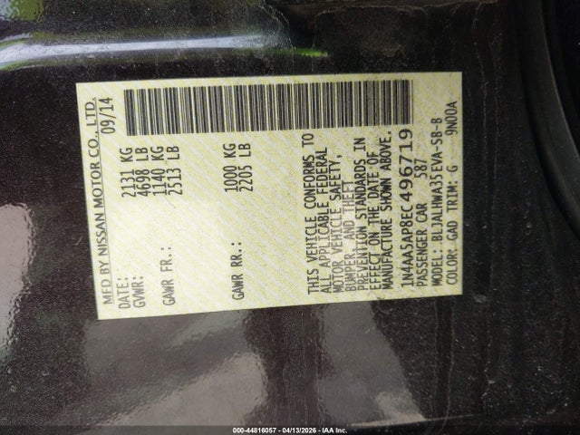 Auction sale of the 2014 Nissan Maxima 3.5 Sv, vin: 1N4AA5AP8EC496719, lot number: 44816057