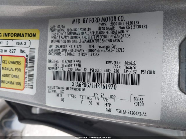Ford FUSION S 2017 3FA6P0G71HR161970 Image 9