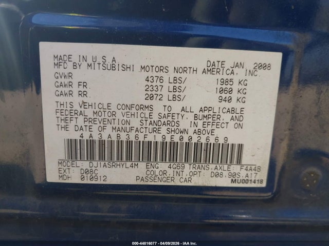 Aukcja sprzedaży 2009 Mitsubishi Galant Es/sport Edition, vin: 4A3AB36F19E002669, numer aukcji: 44816077