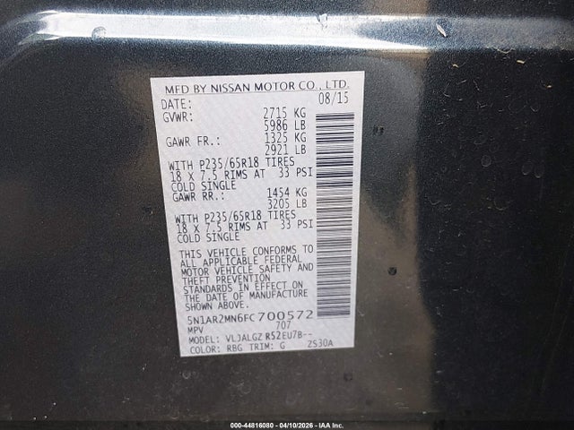 Aukcja sprzedaży 2015 Nissan Pathfinder Sl, vin: 5N1AR2MN6FC700572, numer aukcji: 44816080