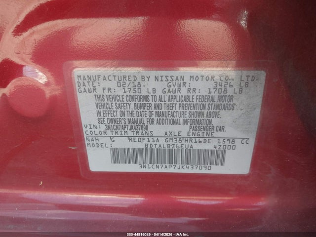 Aukcja sprzedaży 2018 Nissan Versa 1.6 Sv, vin: 3N1CN7AP7JK437090, numer aukcji: 44816089