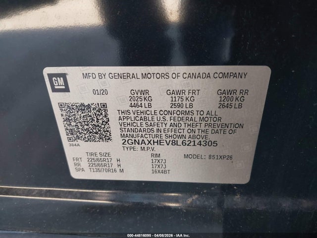 Продаж на аукціоні авто 2020 Chevrolet Equinox Fwd Ls, vin: 2GNAXHEV8L6214305, номер лоту: 44816095
