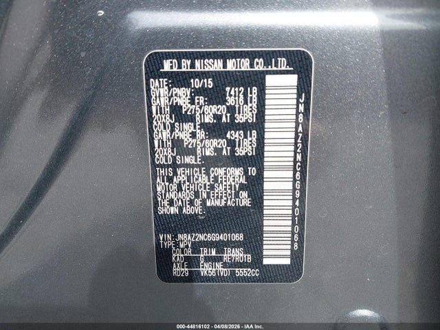 Auction sale of the 2016 Infiniti Qx80, vin: JN8AZ2NC6G9401068, lot number: 44816102