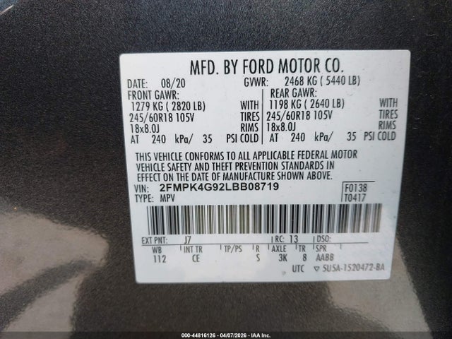 2020 Ford Edge Se მანქანა იყიდება აუქციონზე, vin: 2FMPK4G92LBB08719, აუქციონის ნომერი: 44816126