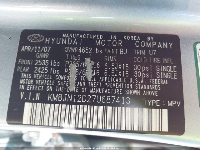 44816140 :رقم المزاد ، KM8JN12D27U687413 vin ، 2007 Hyundai Tucson Limited/se مزاد بيع