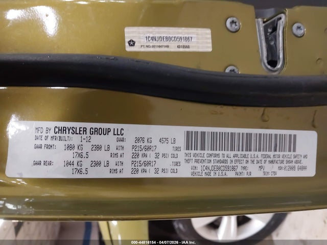 44816154 :رقم المزاد ، 1C4NJDEB0CD591867 vin ، 2012 Jeep Compass Latitude مزاد بيع