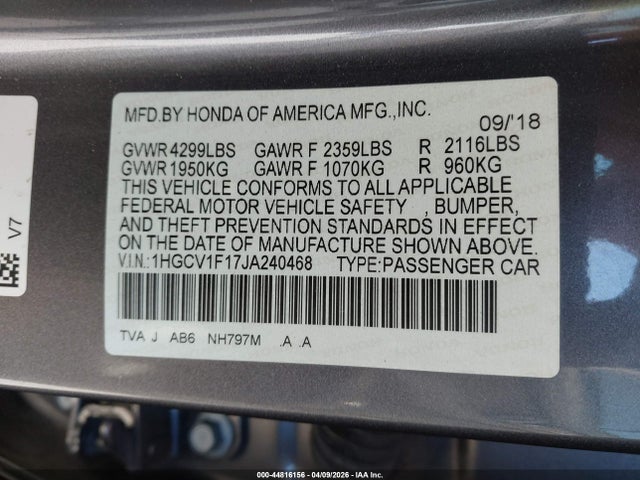 Aukcja sprzedaży 2018 Honda Accord Lx, vin: 1HGCV1F17JA240468, numer aukcji: 44816156