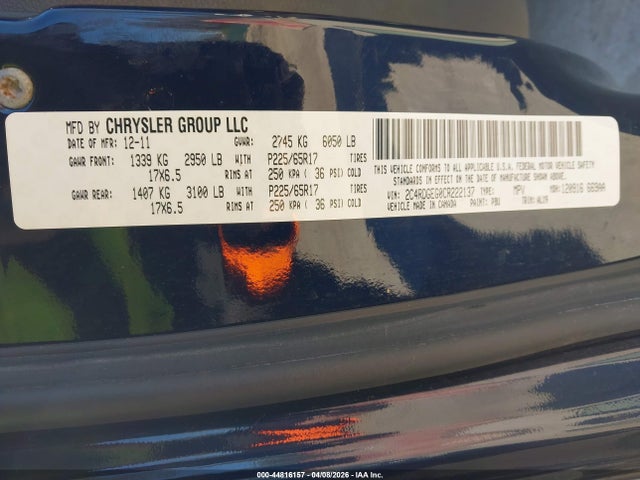 Продажа на аукционе авто 2012 Dodge Grand Caravan R/t, vin: 2C4RDGEG0CR222137, номер лота: 44816157