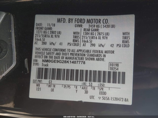 Aukcja sprzedaży 2019 Ford Transit Connect Titanium, vin: NM0GE9G28K1407778, numer aukcji: 44816158
