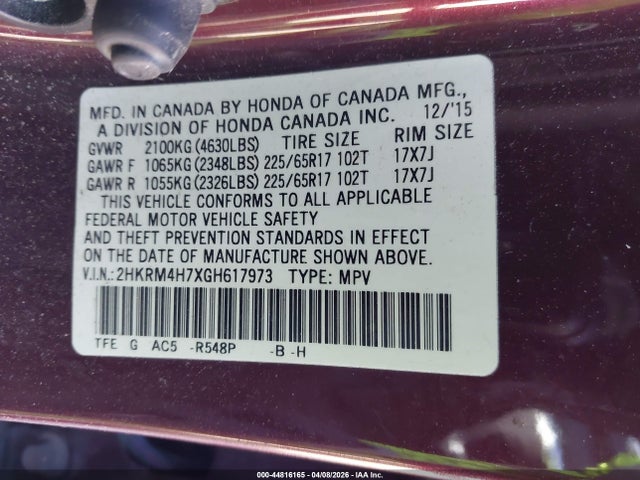 2HKRM4H7XGH617973 Honda Cr-v Ex-l