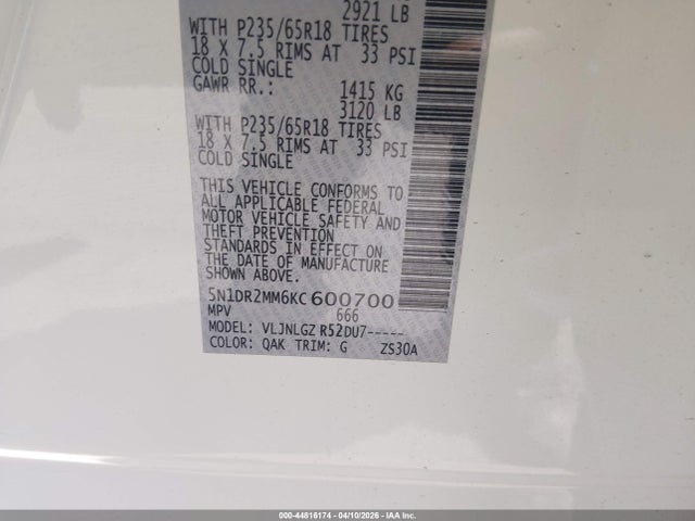 Продажа на аукционе авто 2019 Nissan Pathfinder Sl, vin: 5N1DR2MM6KC600700, номер лота: 44816174