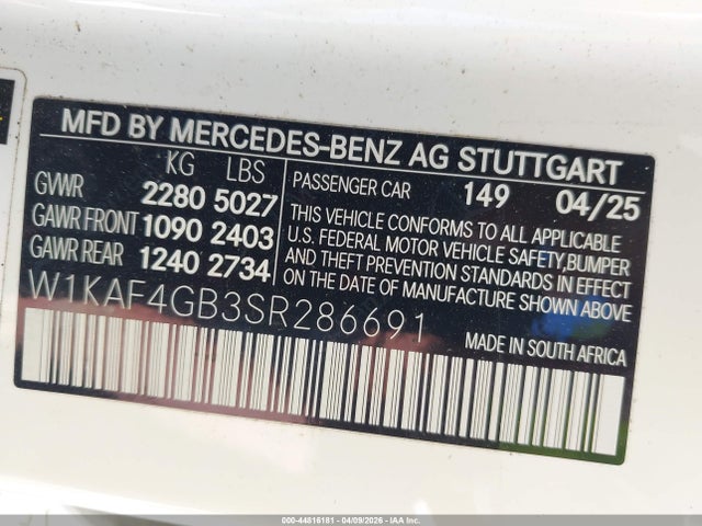 2025 Mercedes-benz C 300 მანქანა იყიდება აუქციონზე, vin: W1KAF4GB3SR286691, აუქციონის ნომერი: 44816181