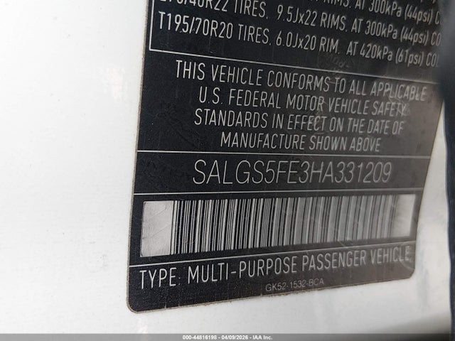 Aukcja sprzedaży 2017 Land Rover Range Rover 5.0l V8 Supercharged, vin: SALGS5FE3HA331209, numer aukcji: 44816198