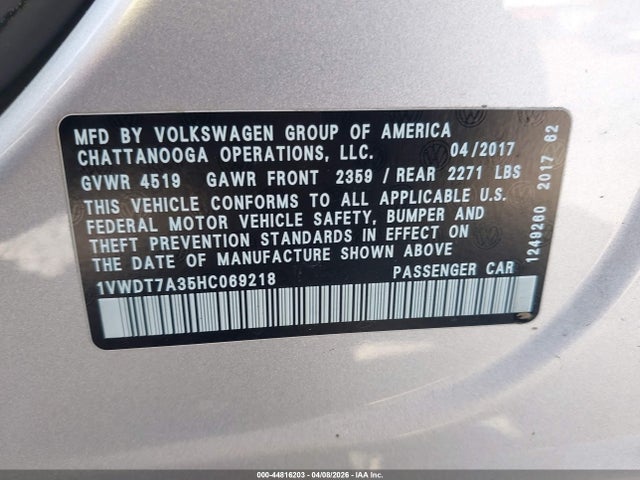 Aukcja sprzedaży 2017 Volkswagen Passat 1.8t R-line, vin: 1VWDT7A35HC069218, numer aukcji: 44816203