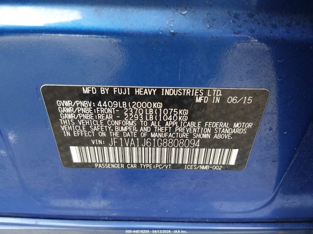 Aukcja sprzedaży 2016 Subaru Wrx Limited, vin: JF1VA1J61G8808094, numer aukcji: 44816205