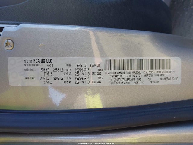 44816209 :رقم المزاد ، 2C4RDGEG0JR239047 vin ، 2018 Dodge Grand Caravan Gt مزاد بيع