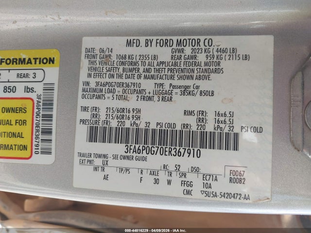 Aukcja sprzedaży 2014 Ford Fusion S, vin: 3FA6P0G70ER367910, numer aukcji: 44816229