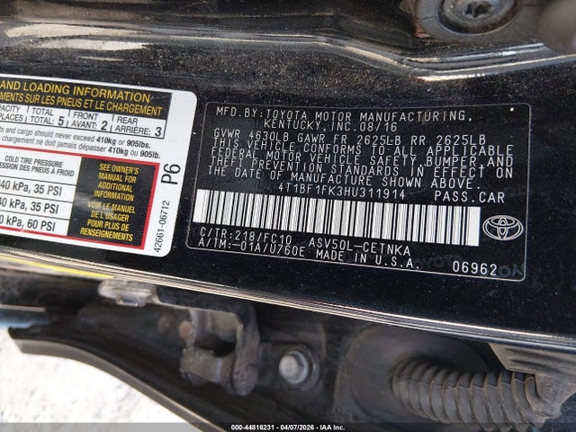 2017 Toyota Camry Le მანქანა იყიდება აუქციონზე, vin: 4T1BF1FK3HU311914, აუქციონის ნომერი: 44816231