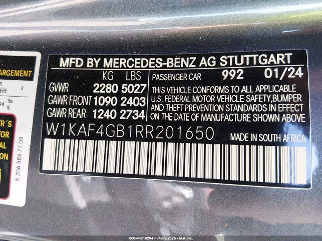 Продажа на аукционе авто 2024 Mercedes-benz C 300, vin: W1KAF4GB1RR201650, номер лота: 44816264