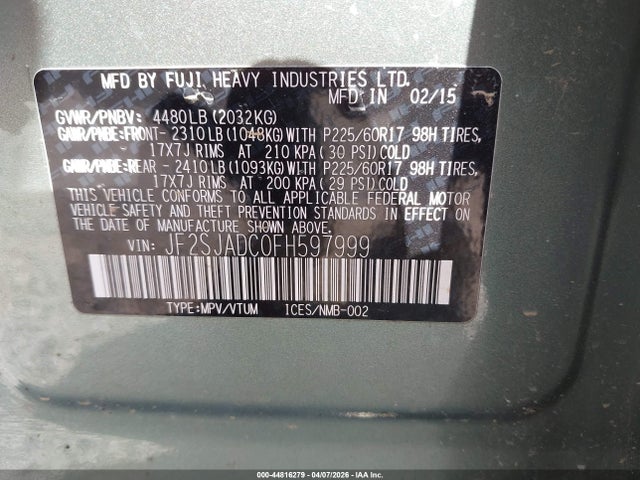 Auction sale of the 2015 Subaru Forester 2.5i Premium, vin: JF2SJADC0FH597999, lot number: 44816279