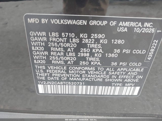 2026 Volkswagen Atlas Se With Technology მანქანა იყიდება აუქციონზე, vin: 1V2JN2CA8TC520731, აუქციონის ნომერი: 44816281