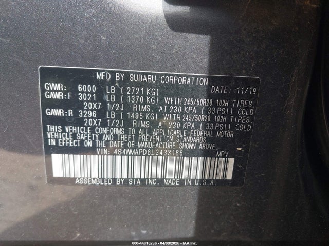 Aukcja sprzedaży 2020 Subaru Ascent Limited, vin: 4S4WMAPD6L3433186, numer aukcji: 44816286