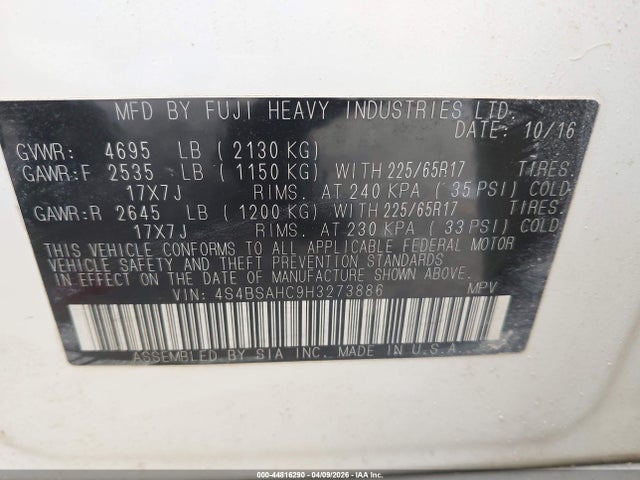 Aukcja sprzedaży 2017 Subaru Outback 2.5i Premium, vin: 4S4BSAHC9H3273886, numer aukcji: 44816290