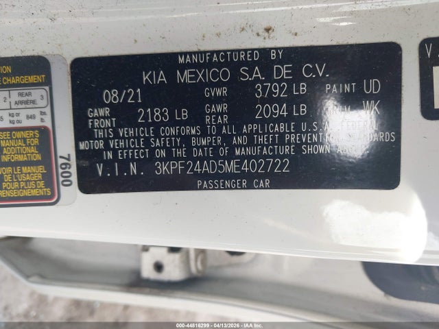 Aukcja sprzedaży 2021 Kia Forte Fe, vin: 3KPF24AD5ME402722, numer aukcji: 44816299