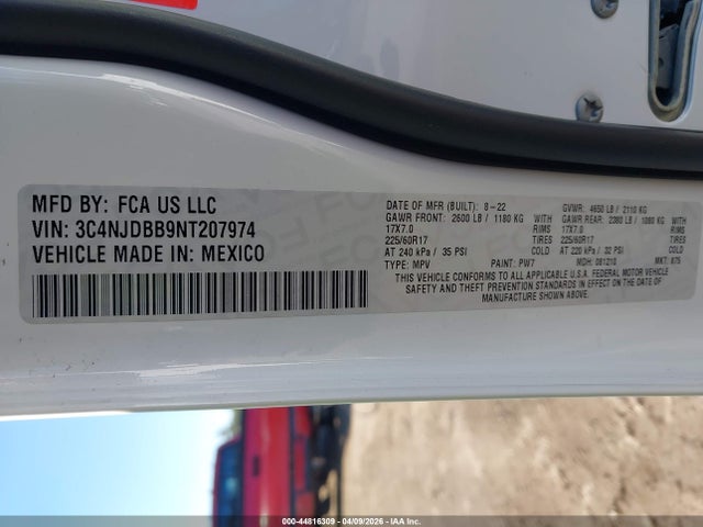 44816309 :رقم المزاد ، 3C4NJDBB9NT207974 vin ، 2022 Jeep Compass Latitude 4x4 مزاد بيع