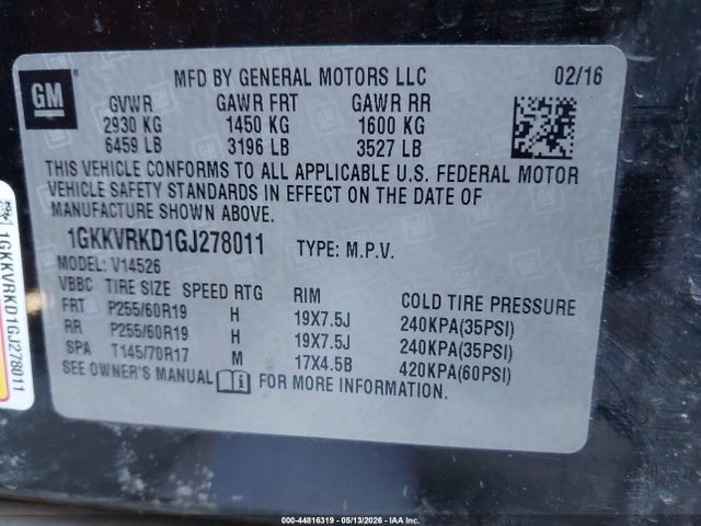 44816319 :رقم المزاد ، 1GKKVRKD1GJ278011 vin ، 2016 Gmc Acadia Slt-1 مزاد بيع