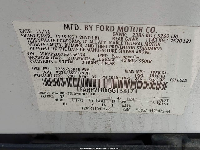 Продаж на аукціоні авто 2016 Ford Taurus Sel, vin: 1FAHP2E8XGG156174, номер лоту: 44816321