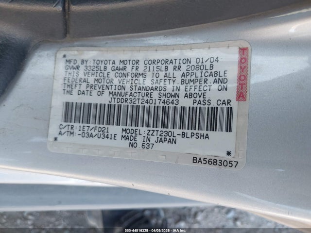2004 Toyota Celica Gt მანქანა იყიდება აუქციონზე, vin: JTDDR32T240174643, აუქციონის ნომერი: 44816329
