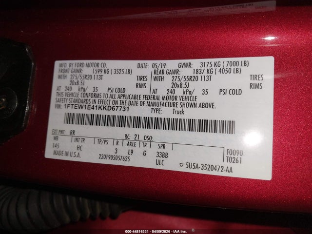 Продажа на аукционе авто 2019 Ford F-150 Lariat, vin: 1FTEW1E41KKD67731, номер лота: 44816331
