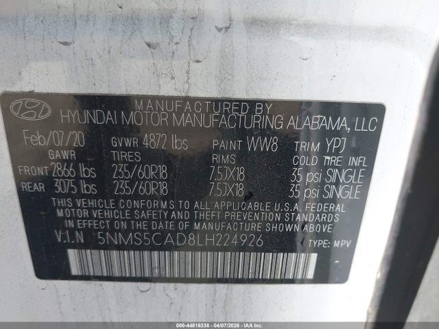 Aukcja sprzedaży 2020 Hyundai Santa Fe Limited, vin: 5NMS5CAD8LH224926, numer aukcji: 44816338
