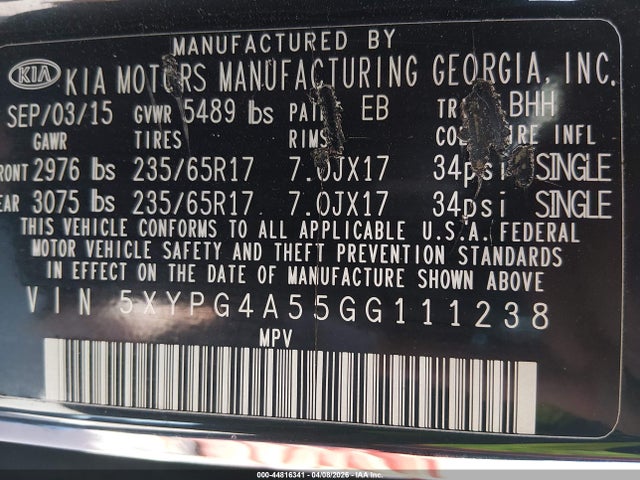 44816341 :رقم المزاد ، 5XYPG4A55GG111238 vin ، 2016 Kia Sorento 3.3l Lx مزاد بيع