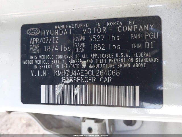44816348 :رقم المزاد ، KMHCU4AE9CU264068 vin ، 2012 Hyundai Accent Gls مزاد بيع