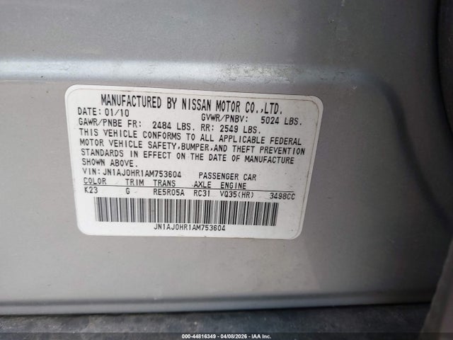 44816349 :رقم المزاد ، JN1AJ0HR1AM753604 vin ، 2010 Infiniti Ex35 Journey مزاد بيع