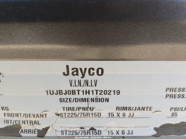 1UJBJ0BT1H1T20219 Jayco Jayfl184bh