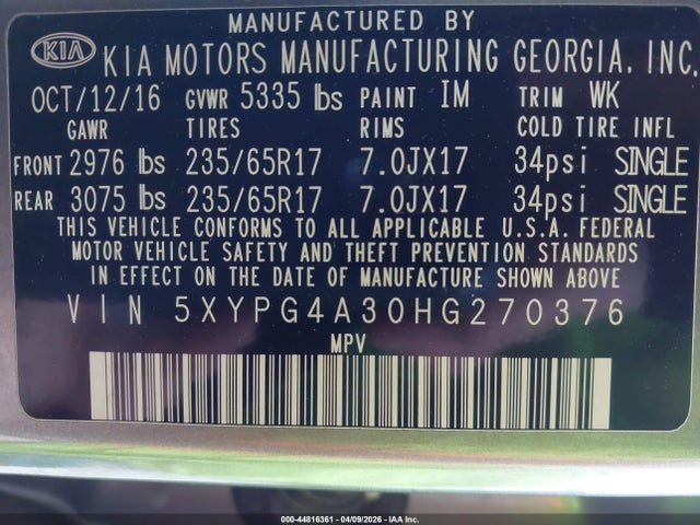 Aukcja sprzedaży 2017 Kia Sorento 2.4l Lx, vin: 5XYPG4A30HG270376, numer aukcji: 44816361