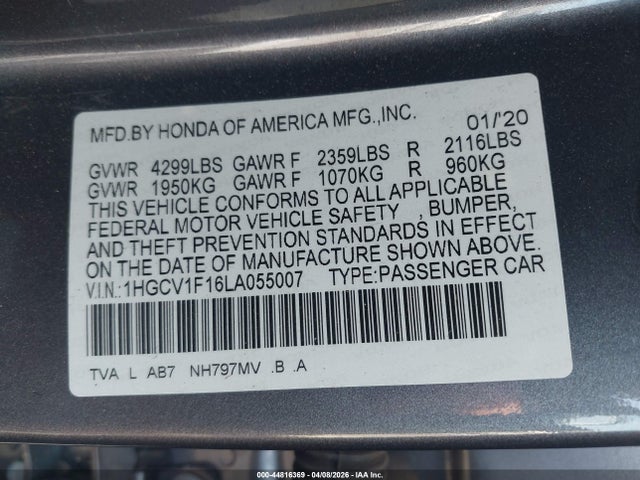 Продаж на аукціоні авто 2020 Honda Accord Lx, vin: 1HGCV1F16LA055007, номер лоту: 44816369