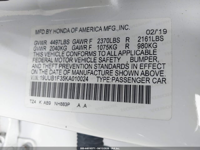 Продаж на аукціоні авто 2019 Acura Tlx Standard, vin: 19UUB1F35KA010024, номер лоту: 44816371