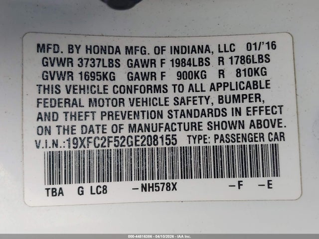 Aukcja sprzedaży 2016 Honda Civic Lx, vin: 19XFC2F52GE208155, numer aukcji: 44816386